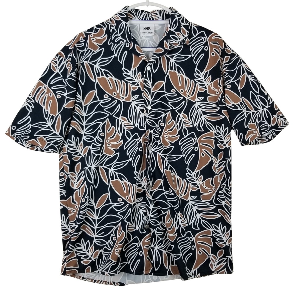 Zara Men Tropical Leaf  Snap Button Shirt XL‎ Black Brown Short Sleeve Cotton